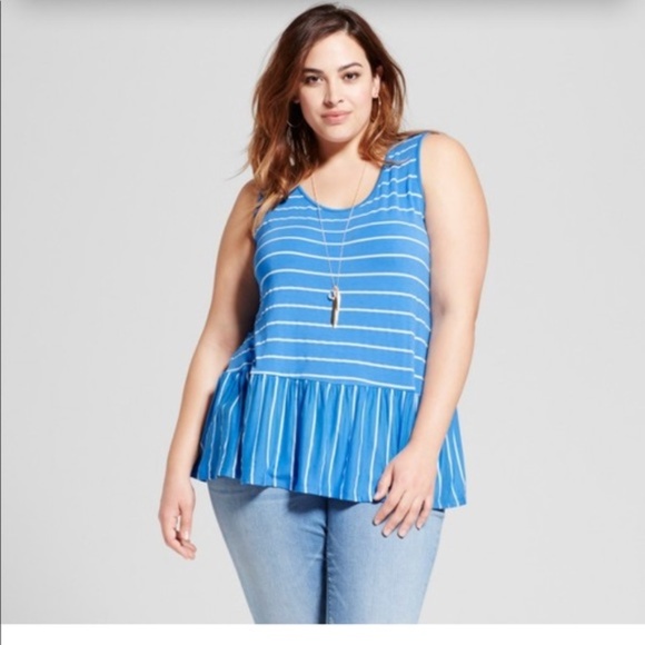 Ava & Viv Tops - Ava & Viv Blue Striped Ruffled Tank Top